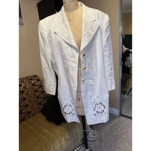 Escada Ivory Women Blazer 100% Linen Floral Embroidered  Sz 42 EUR 12 US 3/4 Slv